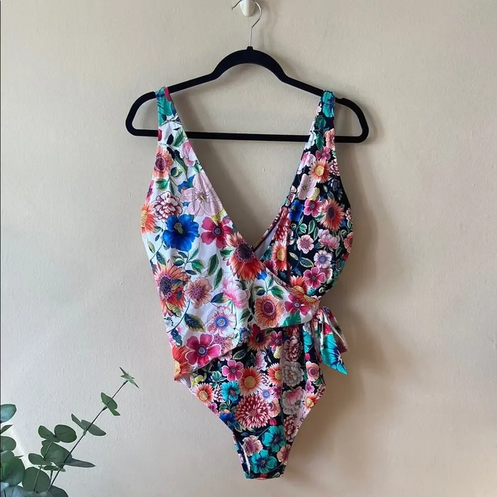 New Johnny Was Mirror Evening Palace Floral Wrap One Piece Swimsuit XL Swim